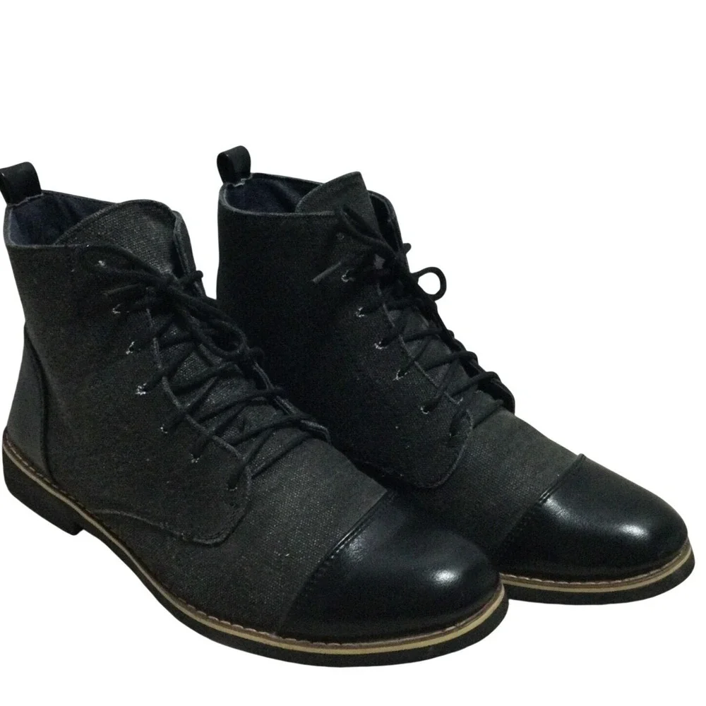 Mens Black Canvas Leather Cap Toe‎ Lace Up Ankle Boots Size 43